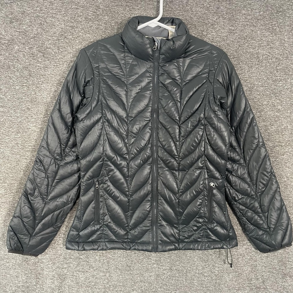 Eddie Bauer Jacket Womens Medium Gray Quilted Goose Down Full Zip Lightweight